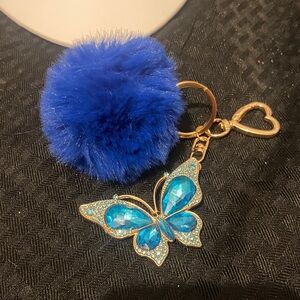 Blue Butterfly Keychain or bag charm with Pom Pom